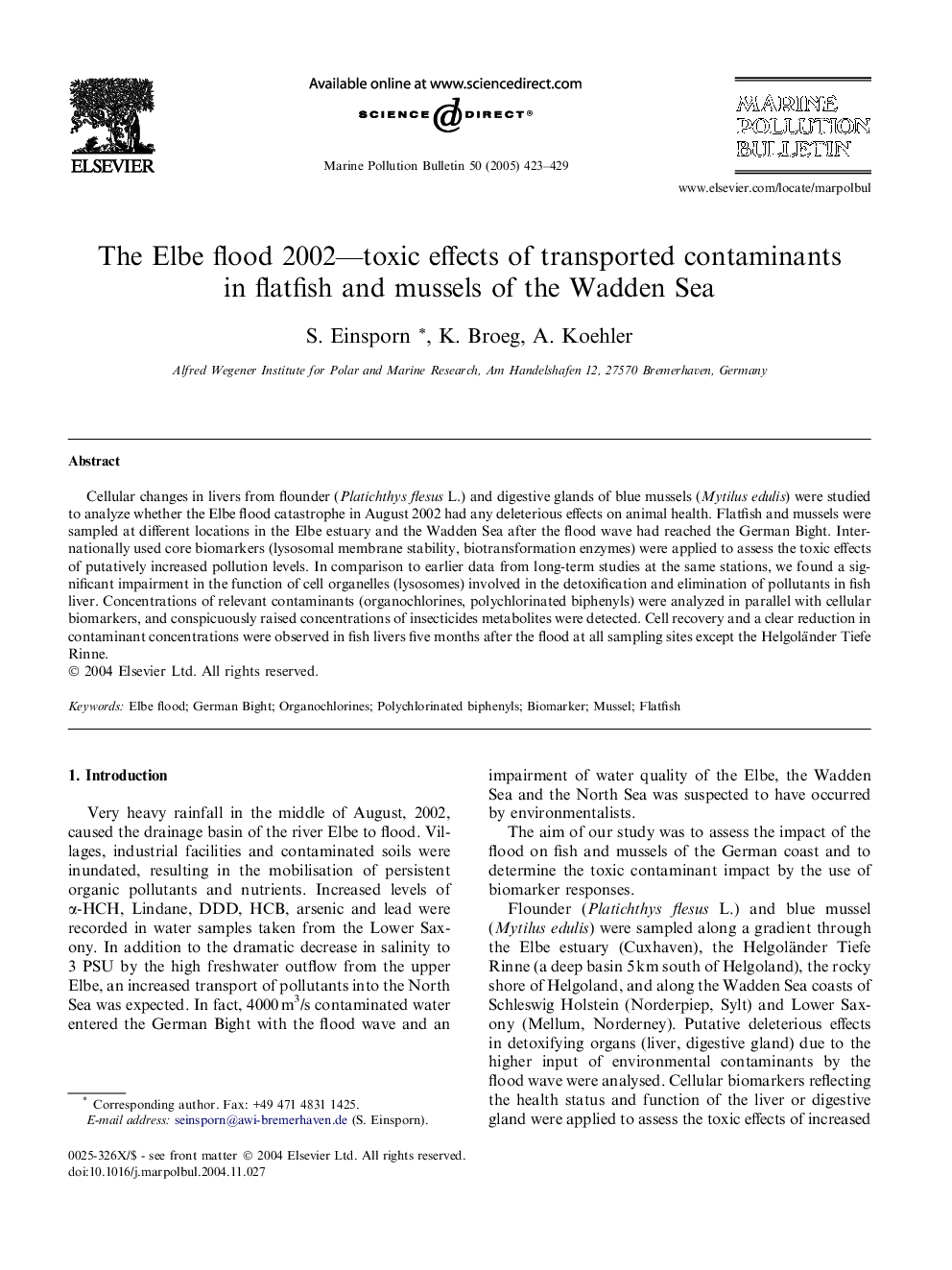 The Elbe flood 2002-toxic effects of transported contaminants in flatfish and mussels of the Wadden Sea