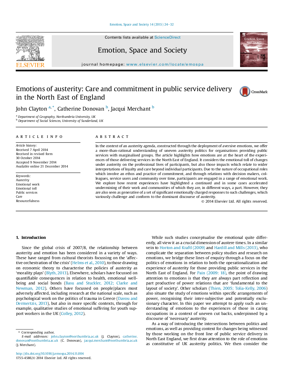 Emotions of austerity: Care and commitment in public service delivery in the North East of England