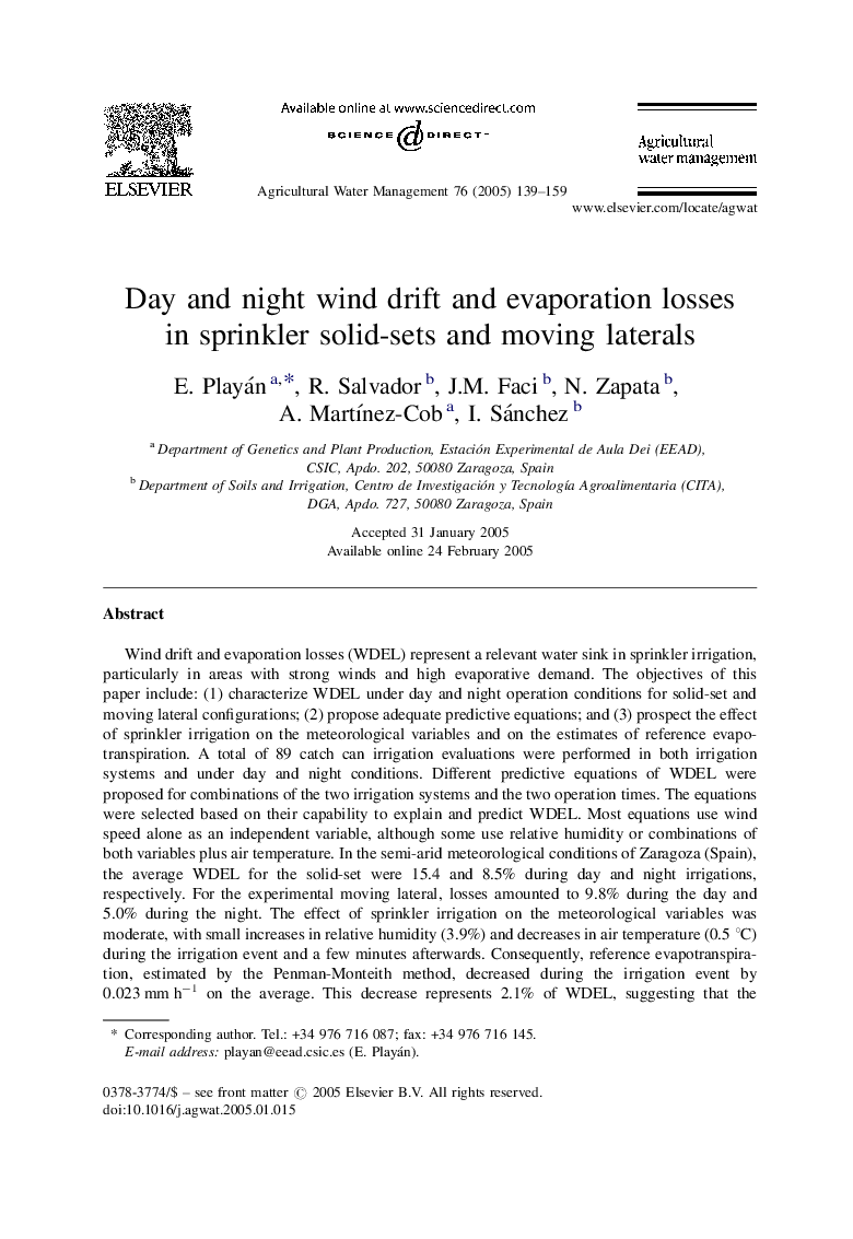 Day and night wind drift and evaporation losses in sprinkler solid-sets and moving laterals