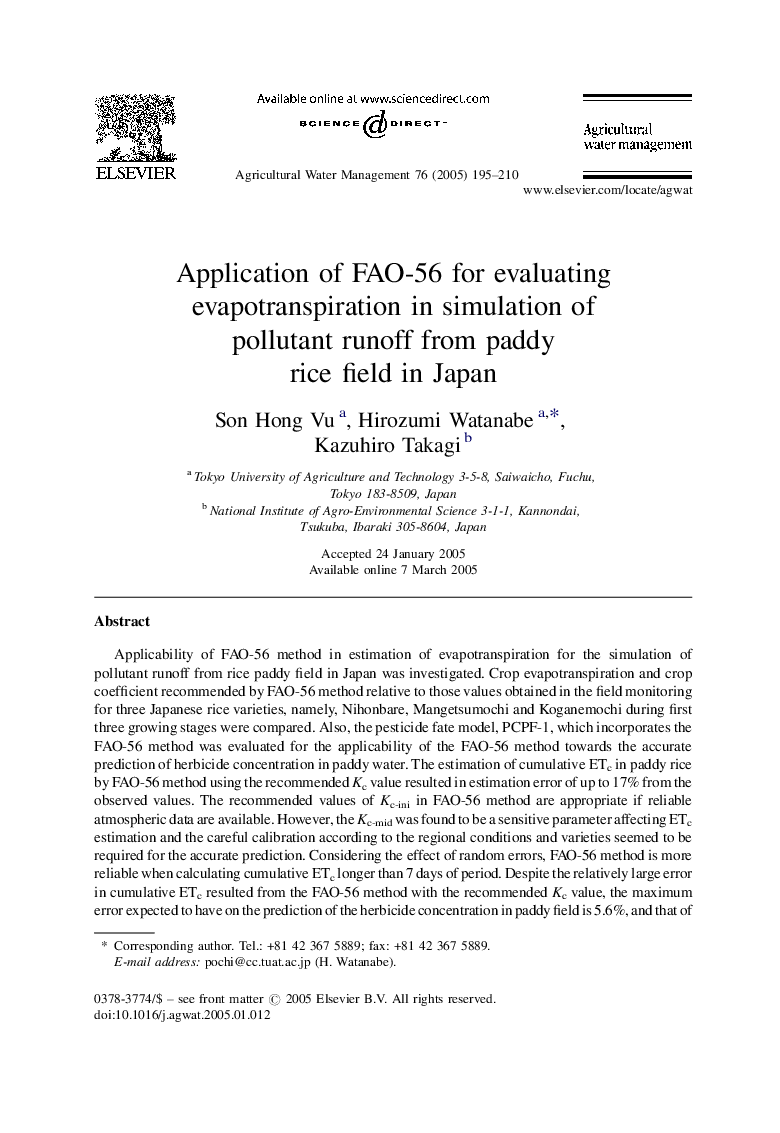 Application of FAO-56 for evaluating evapotranspiration in simulation of pollutant runoff from paddy rice field in Japan