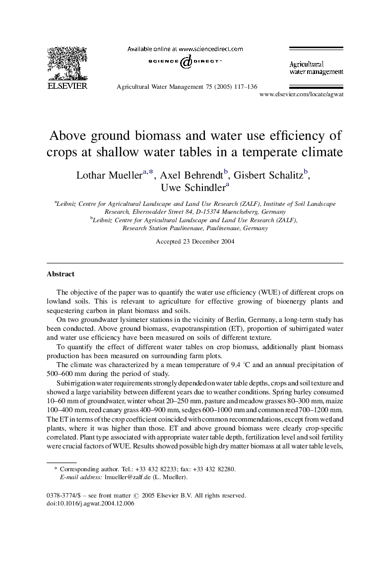 Above ground biomass and water use efficiency of crops at shallow water tables in a temperate climate