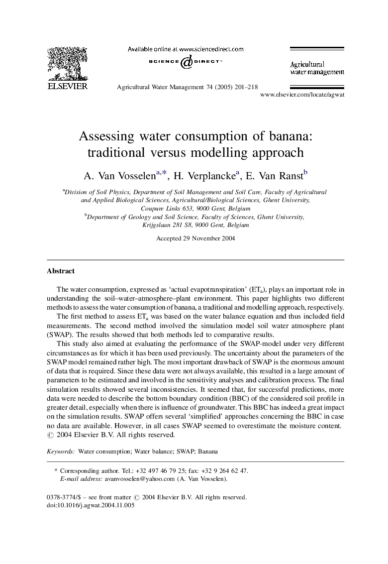 Assessing water consumption of banana: traditional versus modelling approach