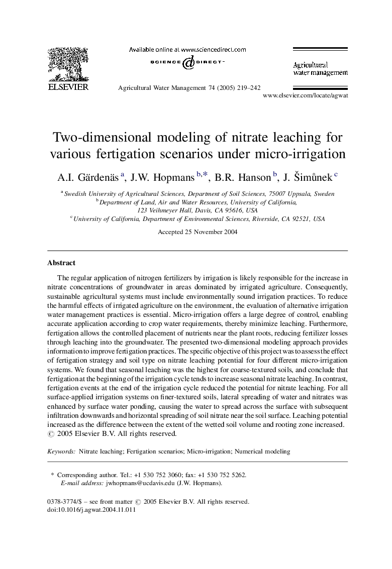 Two-dimensional modeling of nitrate leaching for various fertigation scenarios under micro-irrigation