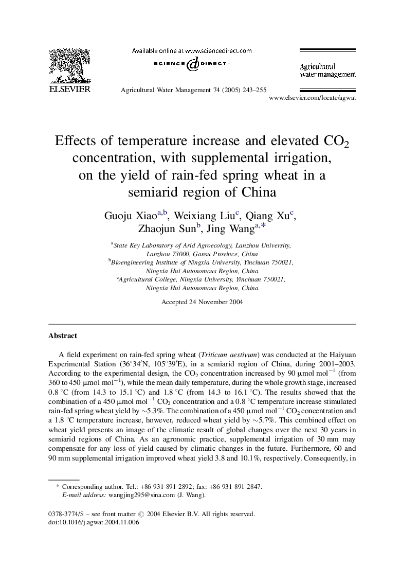 Effects of temperature increase and elevated CO2 concentration, with supplemental irrigation, on the yield of rain-fed spring wheat in a semiarid region of China