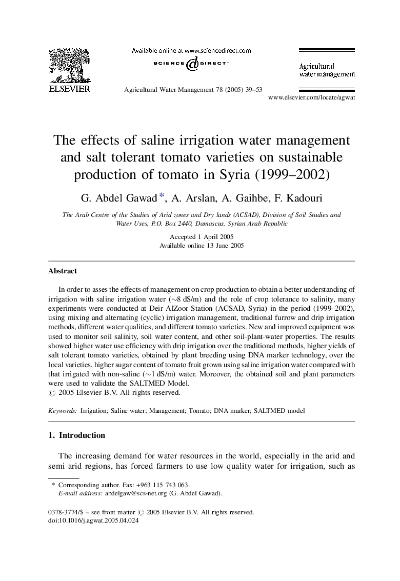 The effects of saline irrigation water management and salt tolerant tomato varieties on sustainable production of tomato in Syria (1999-2002)