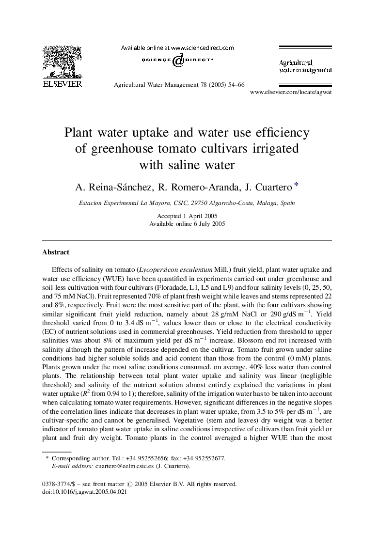 Plant water uptake and water use efficiency of greenhouse tomato cultivars irrigated with saline water