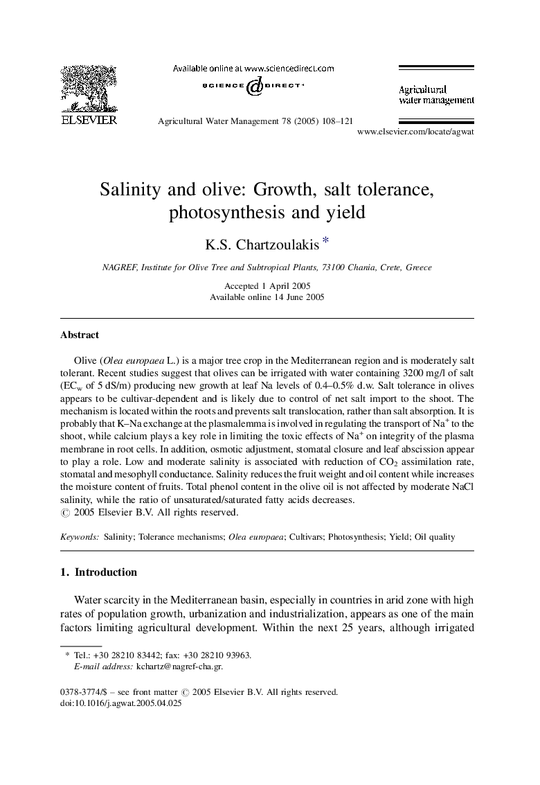 Salinity and olive: Growth, salt tolerance, photosynthesis and yield