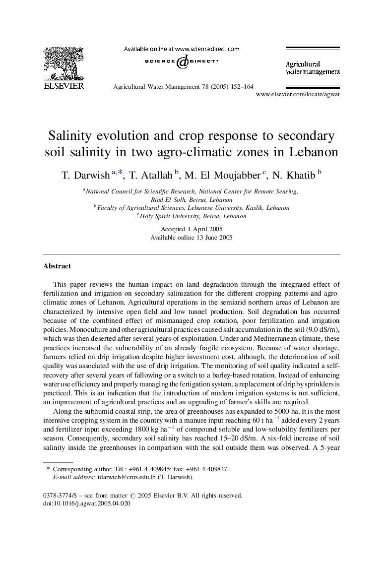 Salinity evolution and crop response to secondary soil salinity in two agro-climatic zones in Lebanon