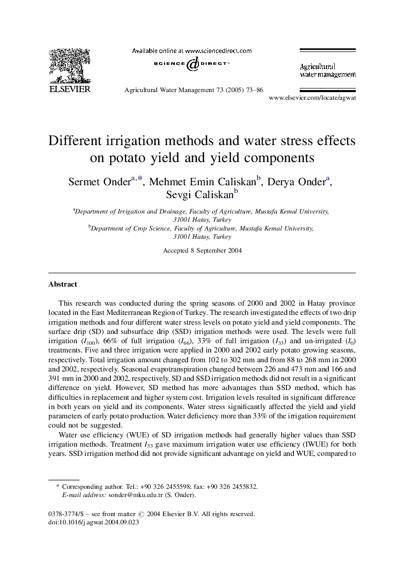 Different irrigation methods and water stress effects on potato yield and yield components