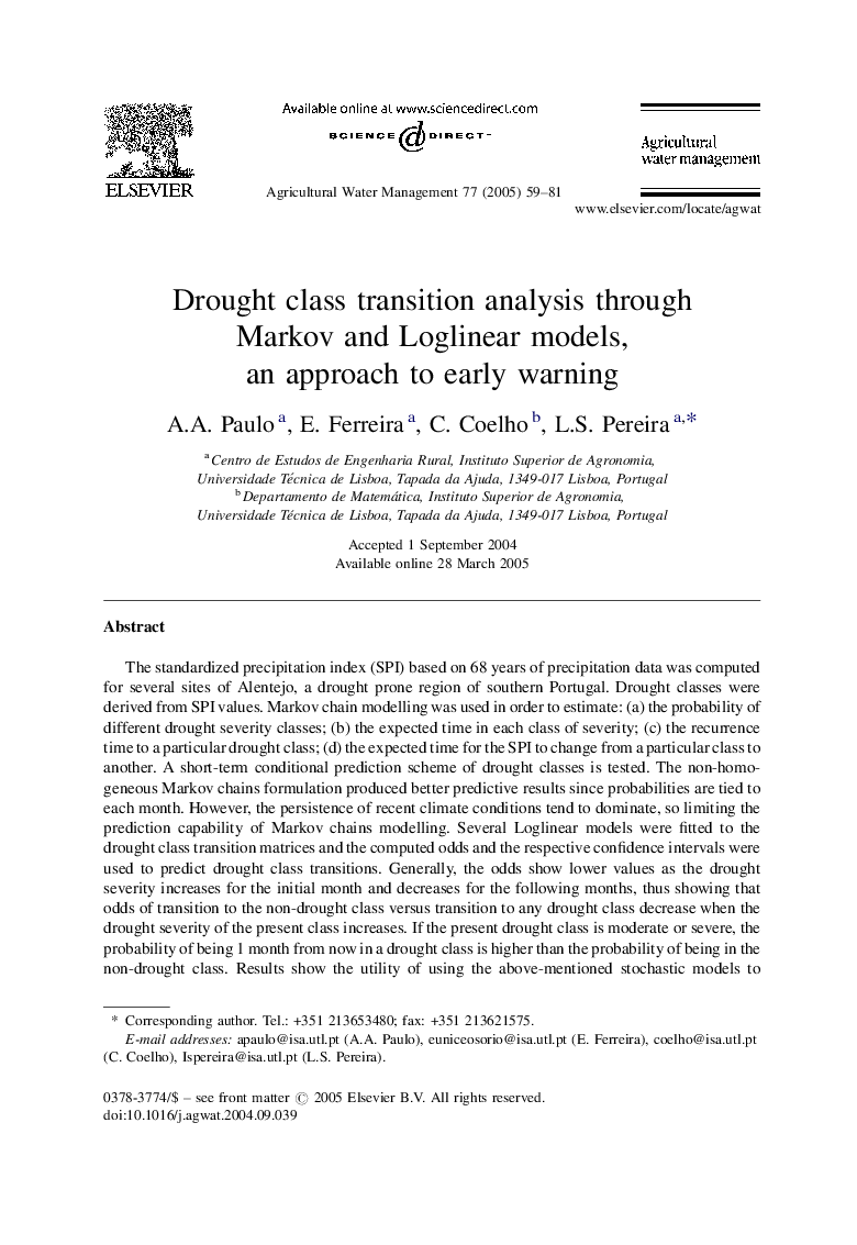 Drought class transition analysis through Markov and Loglinear models, an approach to early warning