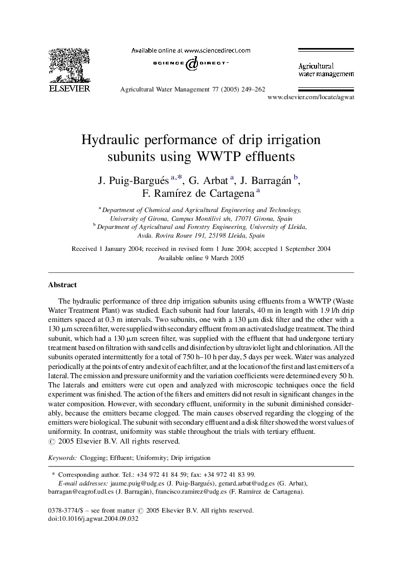 Hydraulic performance of drip irrigation subunits using WWTP effluents