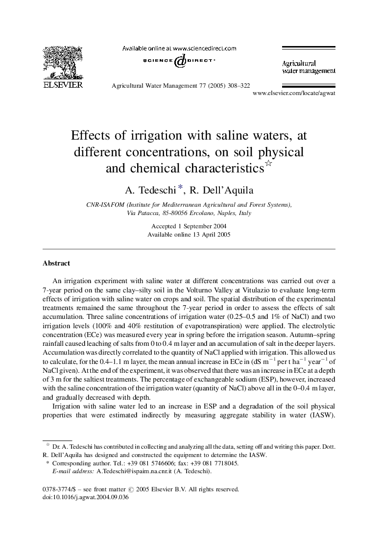 Effects of irrigation with saline waters, at different concentrations, on soil physical and chemical characteristics