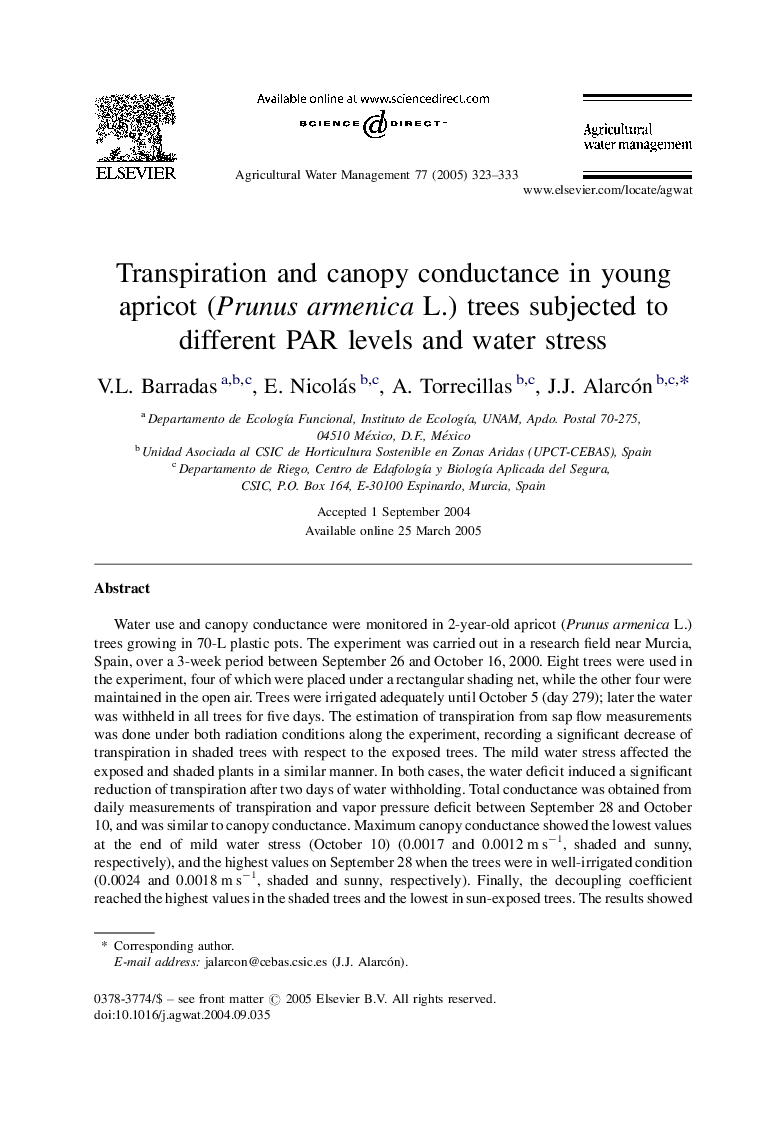 Transpiration and canopy conductance in young apricot (Prunus armenica L.) trees subjected to different PAR levels and water stress