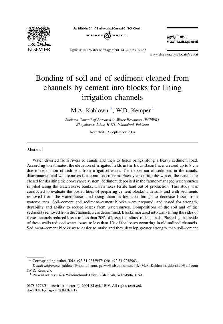 Bonding of soil and of sediment cleaned from channels by cement into blocks for lining irrigation channels