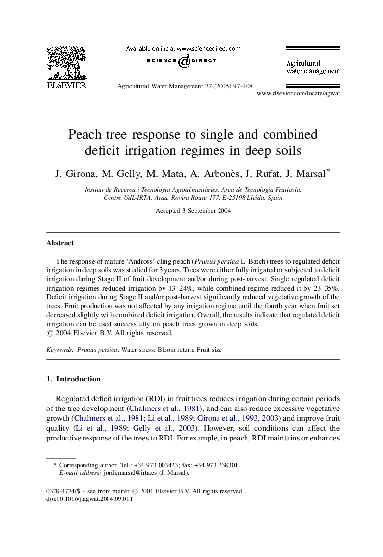 Peach tree response to single and combined deficit irrigation regimes in deep soils