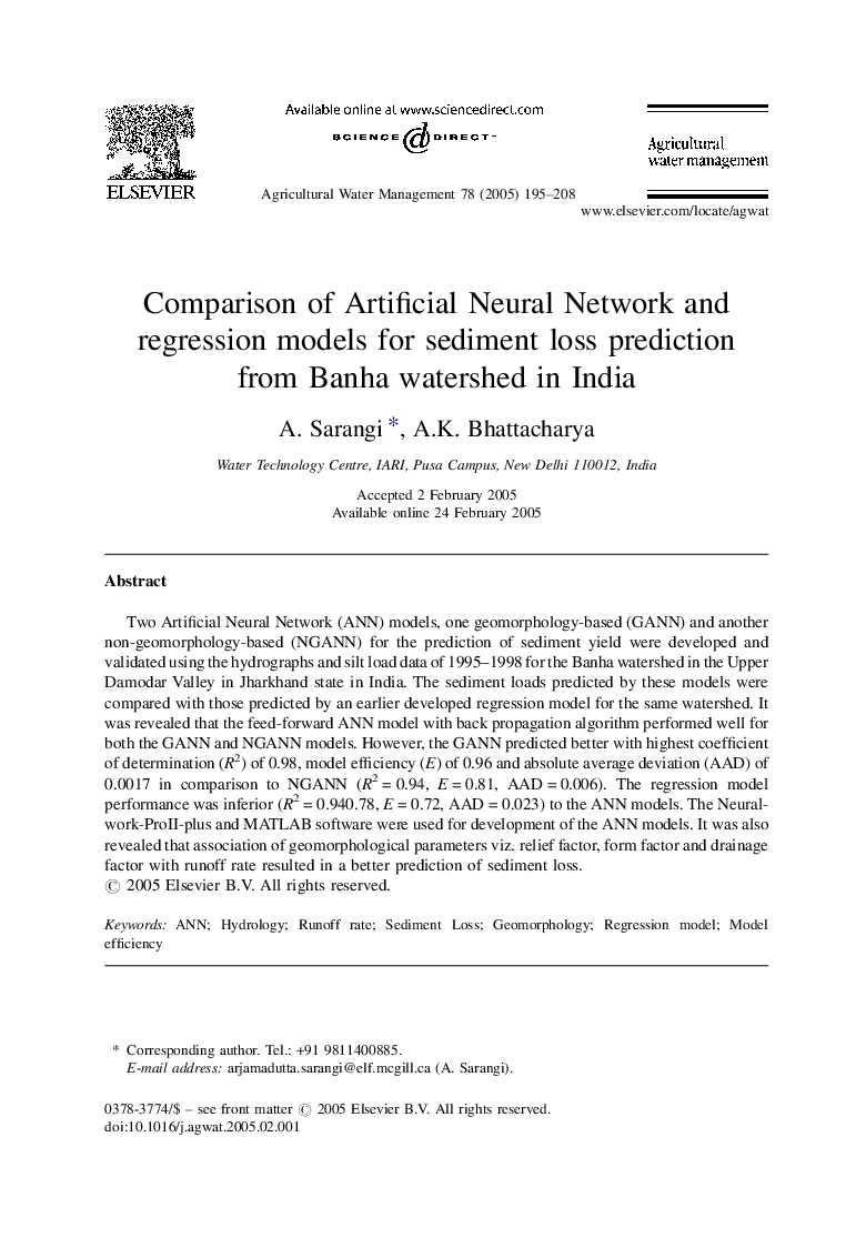 Comparison of Artificial Neural Network and regression models for sediment loss prediction from Banha watershed in India