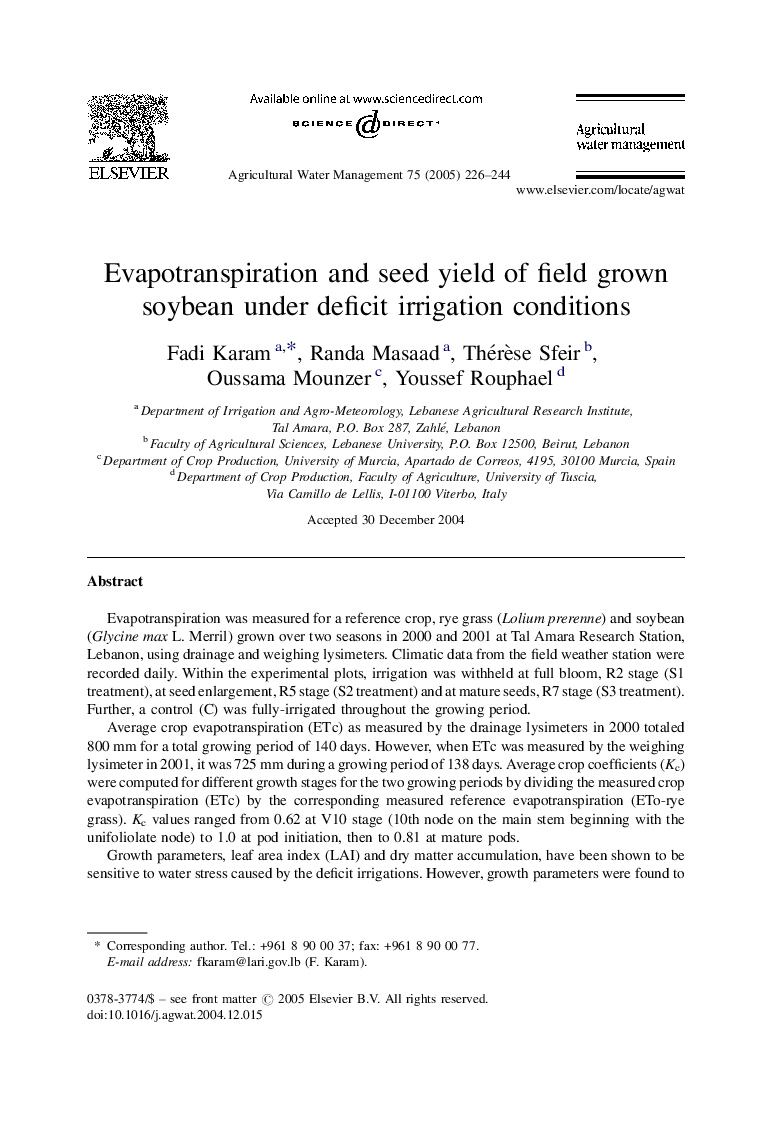 Evapotranspiration and seed yield of field grown soybean under deficit irrigation conditions