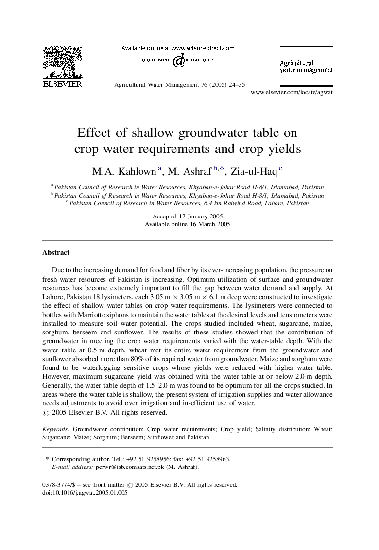 Effect of shallow groundwater table on crop water requirements and crop yields