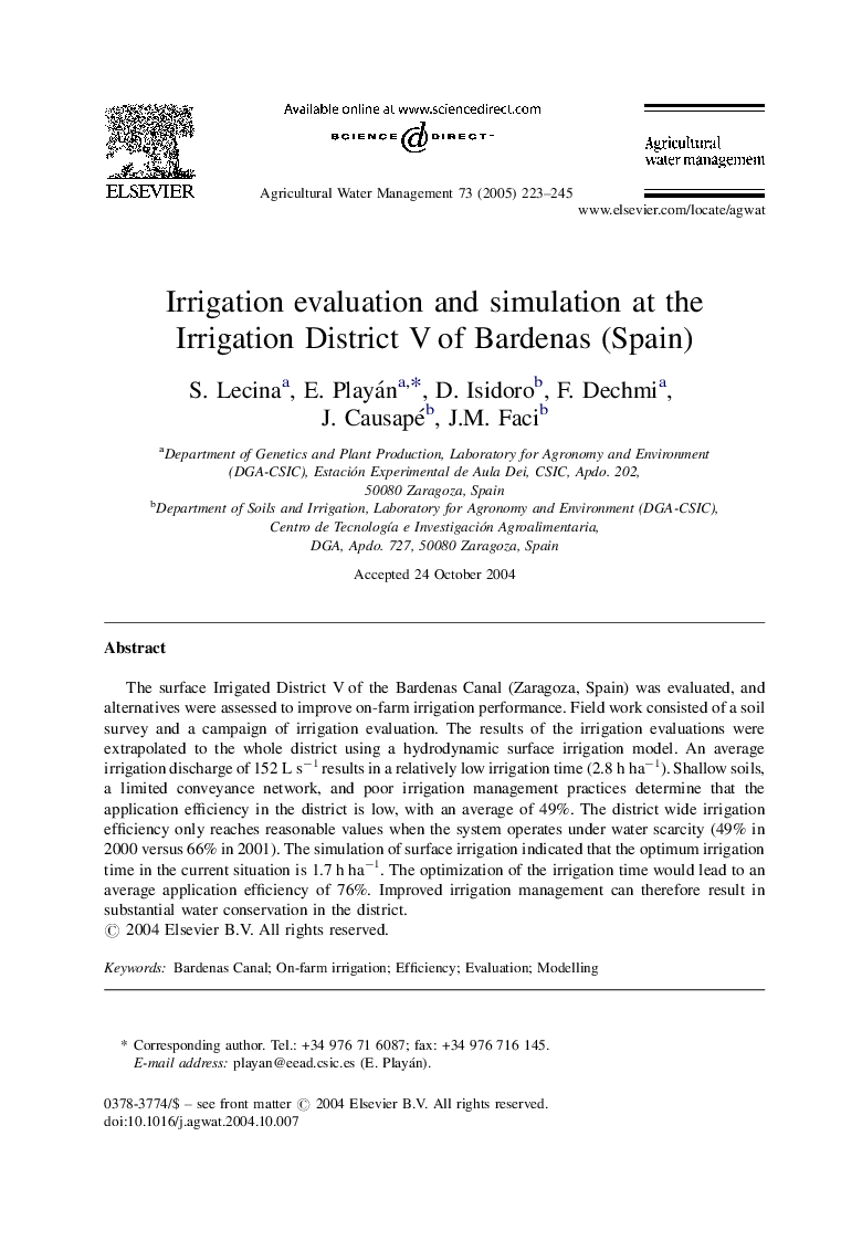 Irrigation evaluation and simulation at the Irrigation District V of Bardenas (Spain)