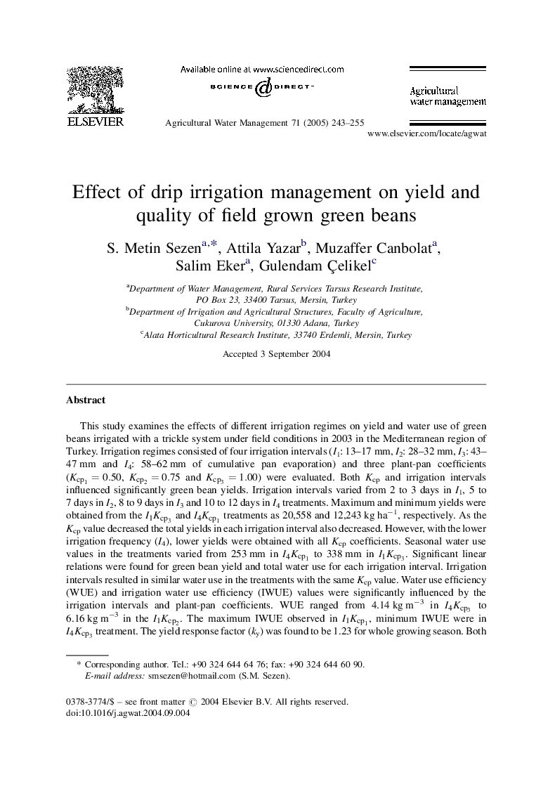 Effect of drip irrigation management on yield and quality of field grown green beans