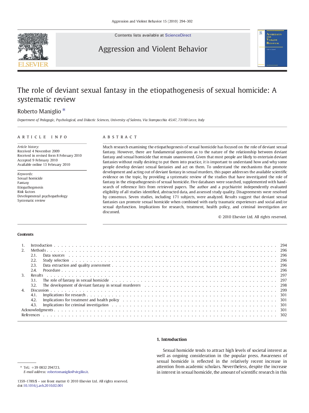 The role of deviant sexual fantasy in the etiopathogenesis of sexual homicide: A systematic review