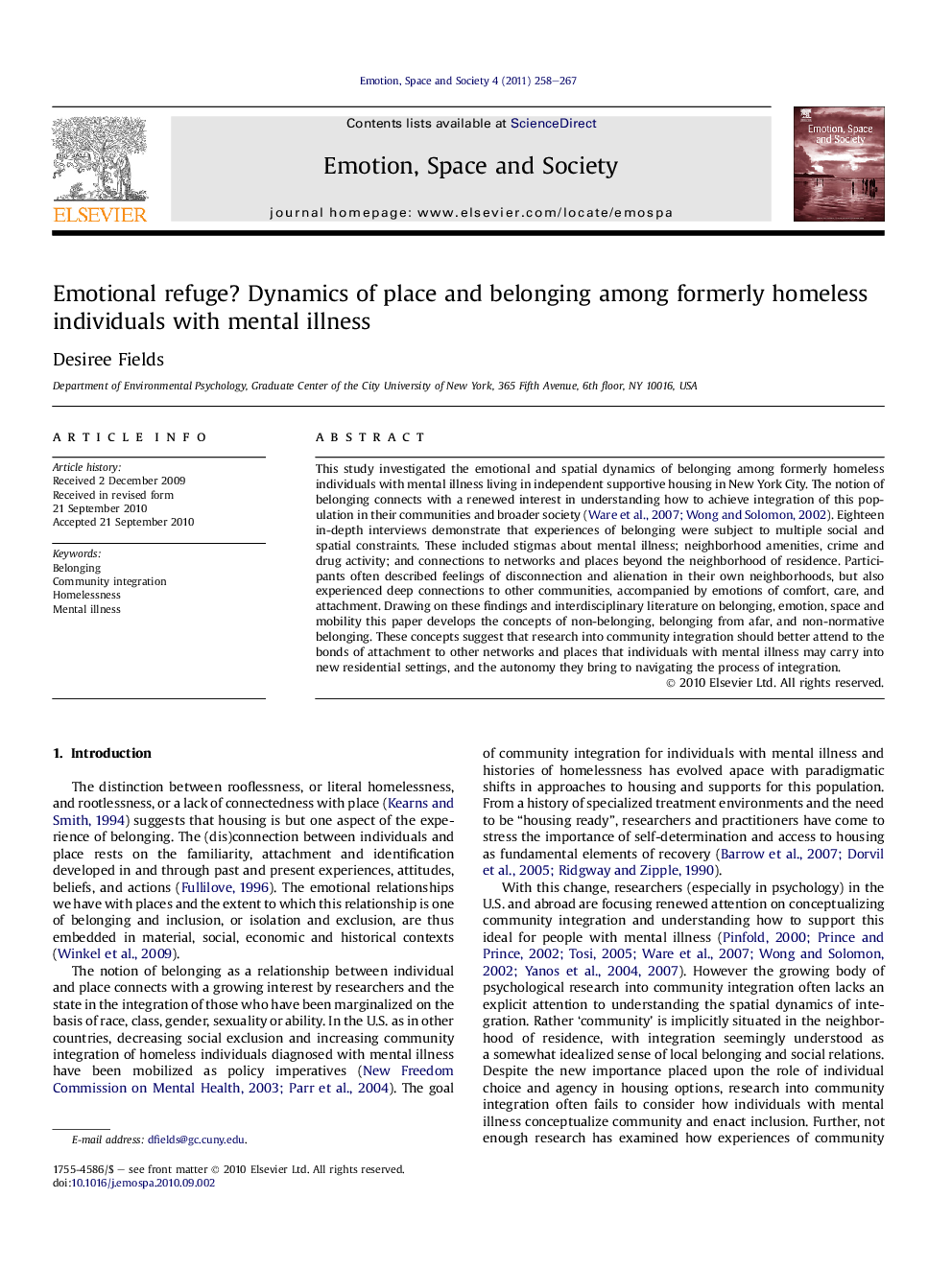 Emotional refuge? Dynamics of place and belonging among formerly homeless individuals with mental illness