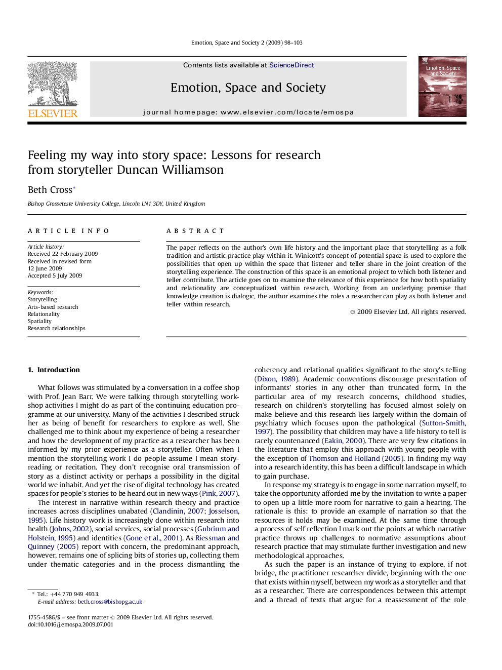 Feeling my way into story space: Lessons for research from storyteller Duncan Williamson