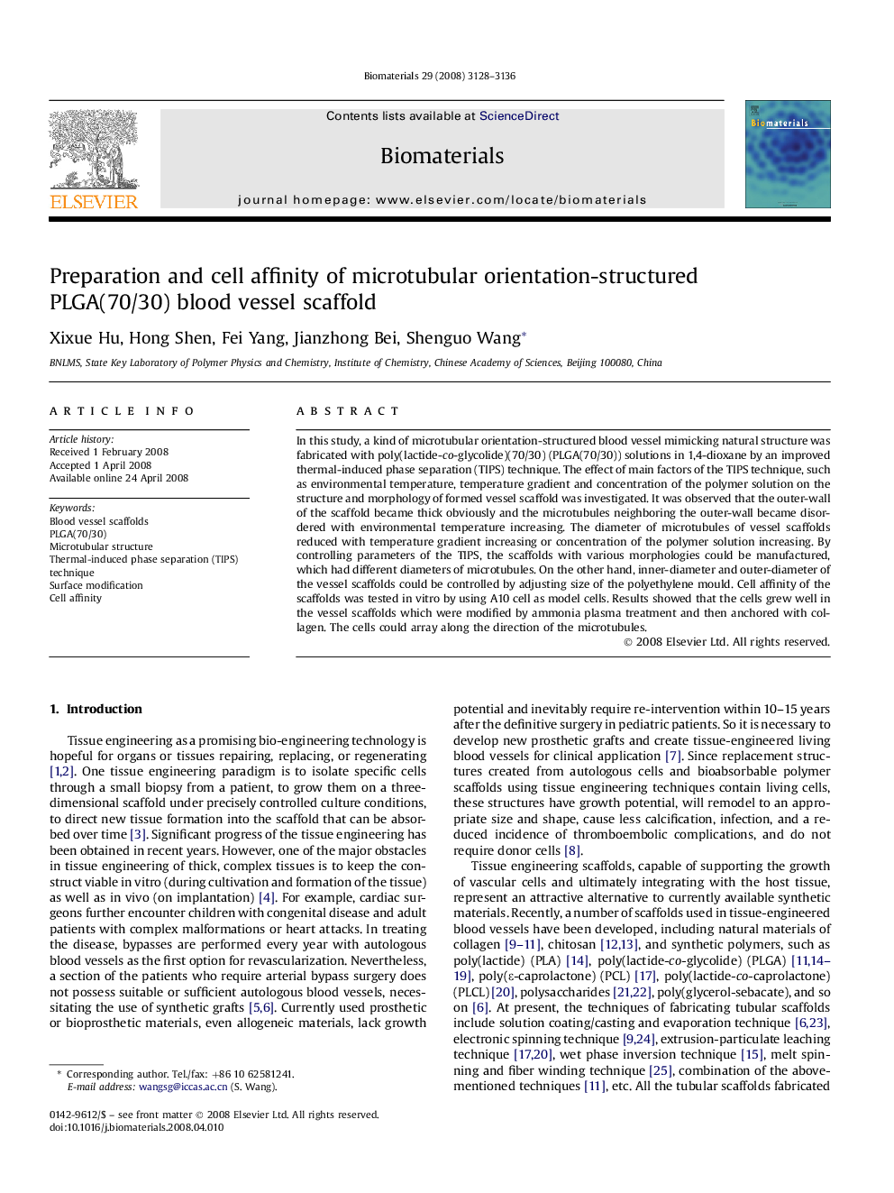 Preparation and cell affinity of microtubular orientation-structured PLGA(70/30) blood vessel scaffold