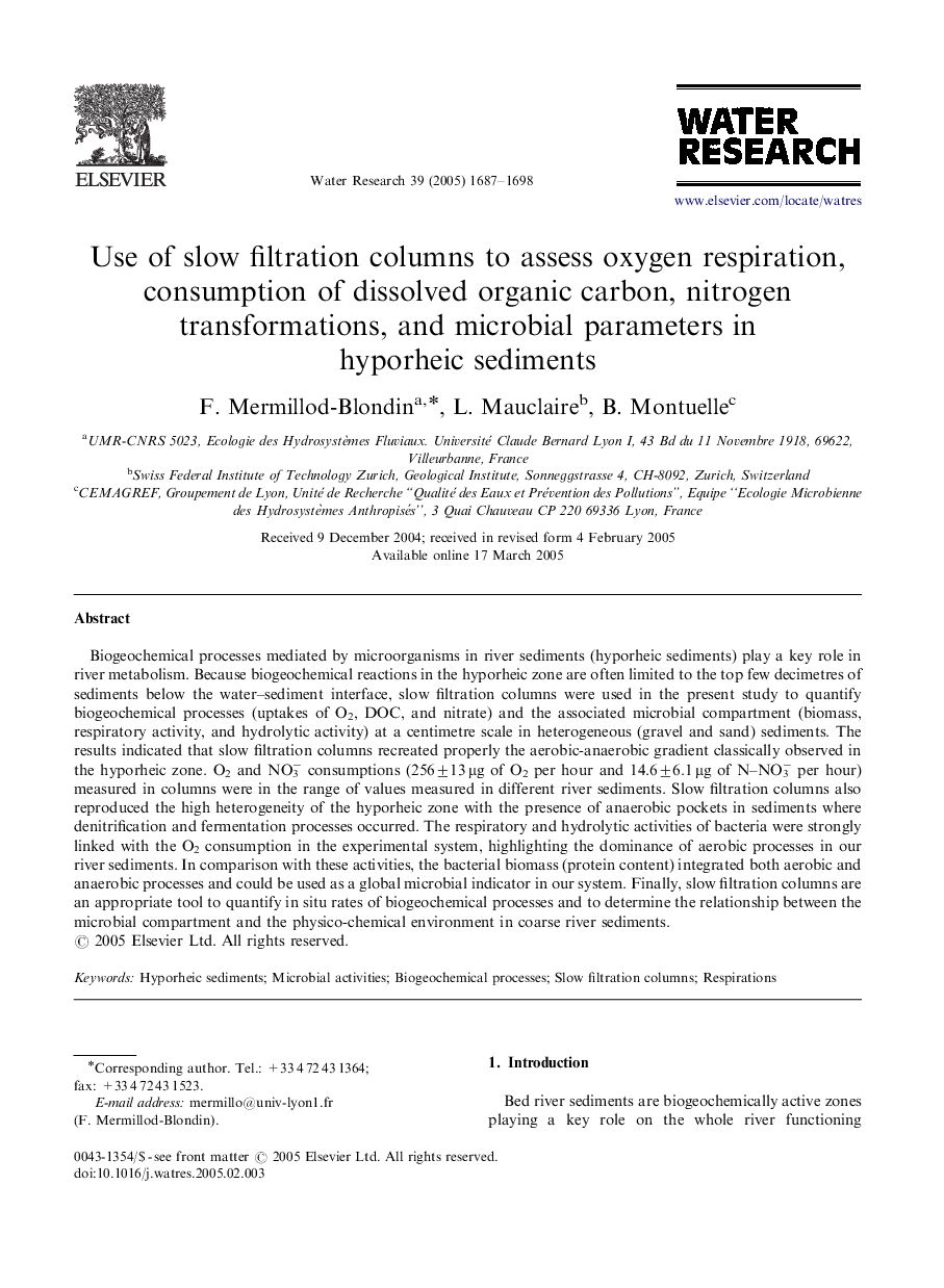 Use of slow filtration columns to assess oxygen respiration, consumption of dissolved organic carbon, nitrogen transformations, and microbial parameters in hyporheic sediments