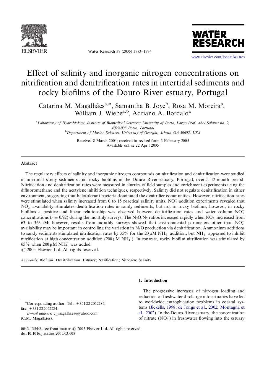 Effect of salinity and inorganic nitrogen concentrations on nitrification and denitrification rates in intertidal sediments and rocky biofilms of the Douro River estuary, Portugal