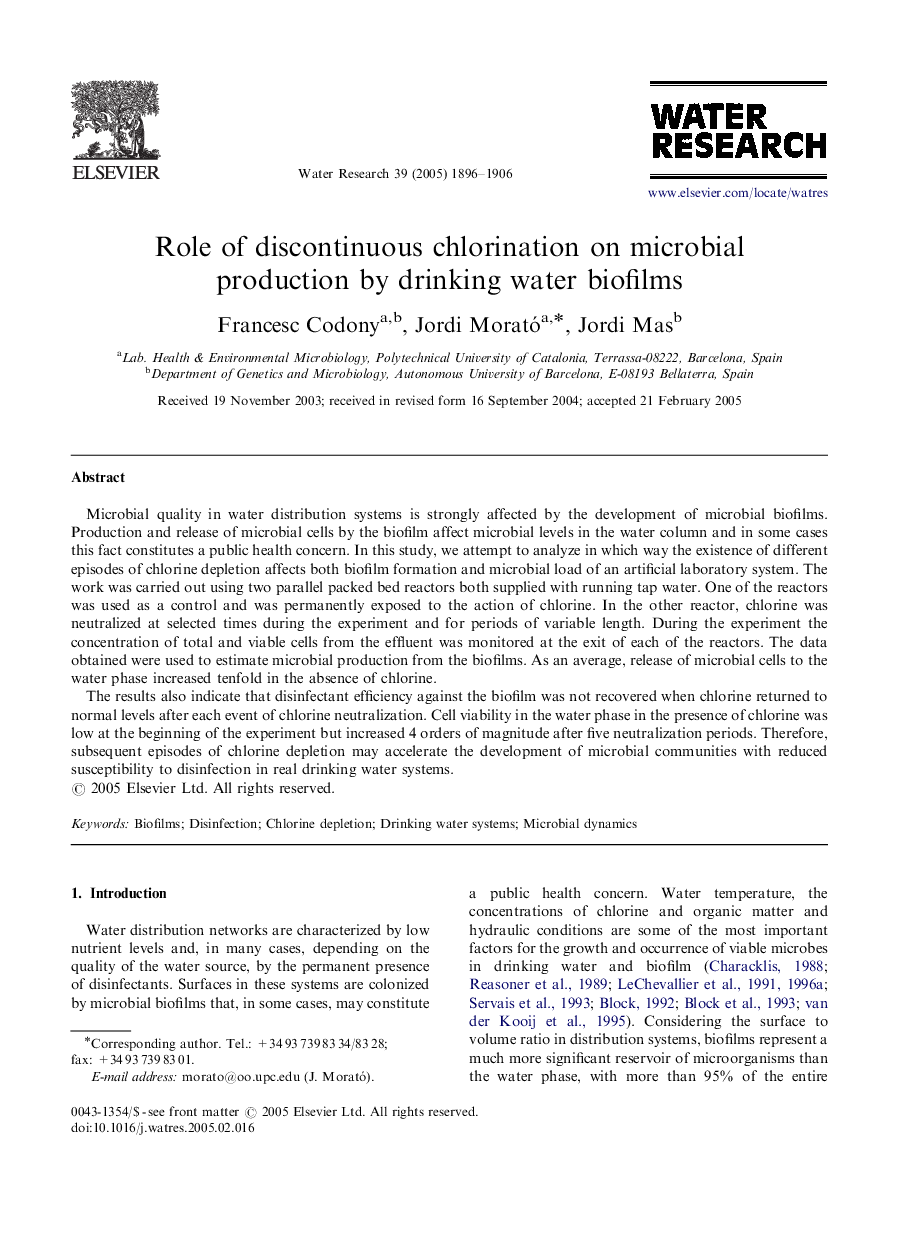 Role of discontinuous chlorination on microbial production by drinking water biofilms