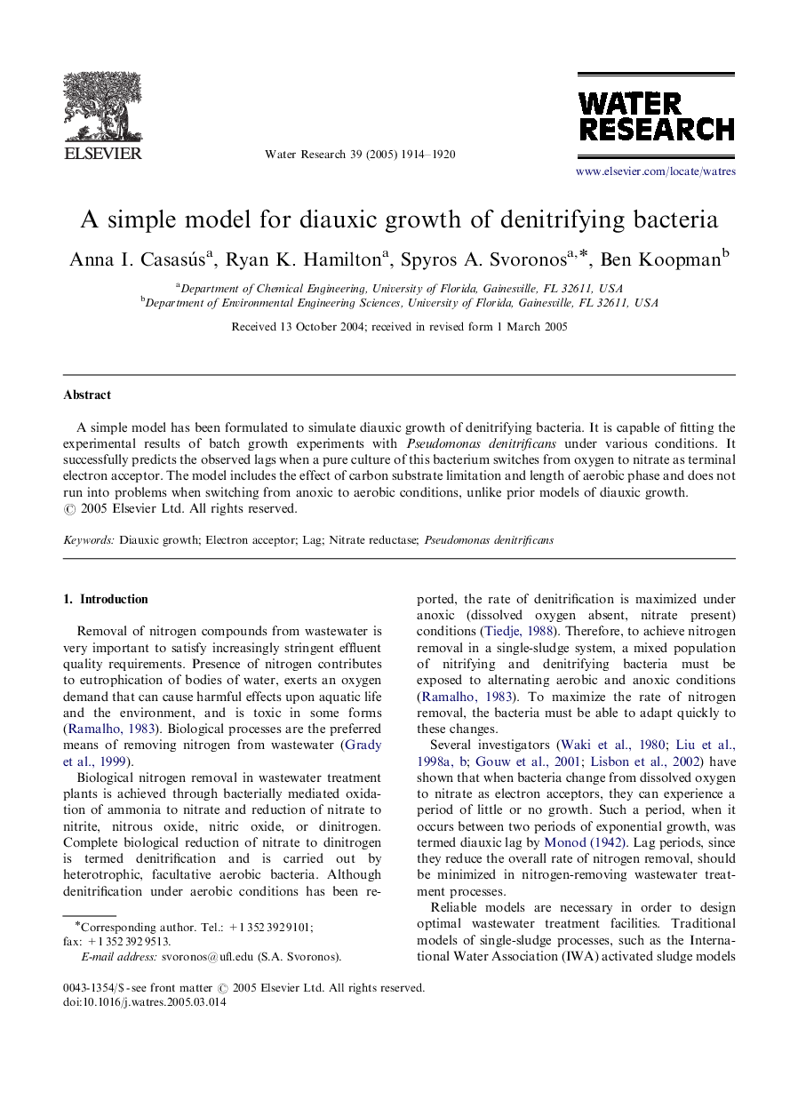 A simple model for diauxic growth of denitrifying bacteria