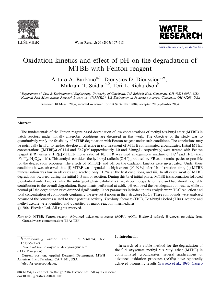 Oxidation kinetics and effect of pH on the degradation of MTBE with Fenton reagent