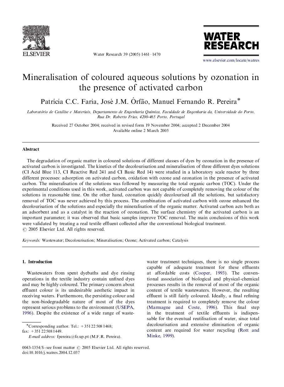 Mineralisation of coloured aqueous solutions by ozonation in the presence of activated carbon