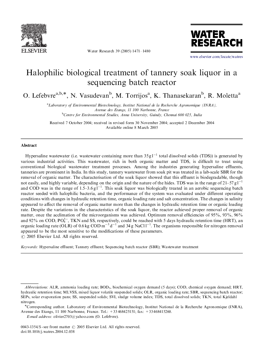 Halophilic biological treatment of tannery soak liquor in a sequencing batch reactor