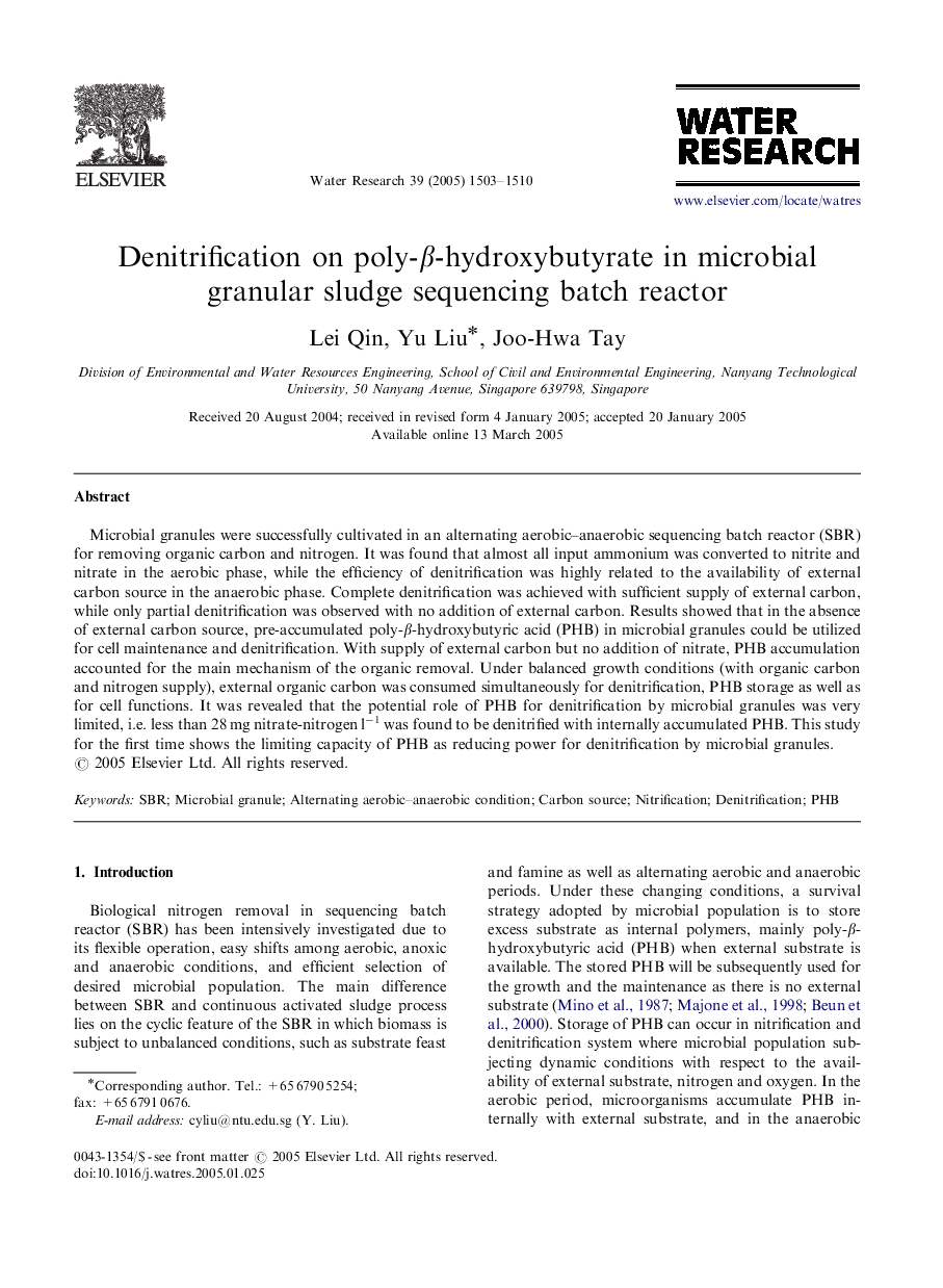 Denitrification on poly-Î²-hydroxybutyrate in microbial granular sludge sequencing batch reactor