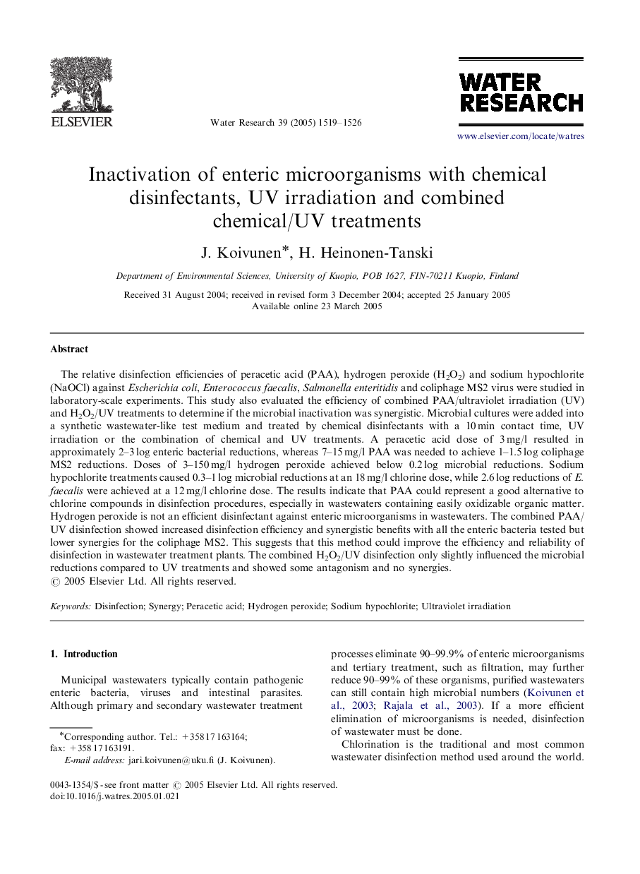 Inactivation of enteric microorganisms with chemical disinfectants, UV irradiation and combined chemical/UV treatments