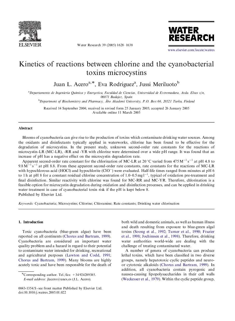 Kinetics of reactions between chlorine and the cyanobacterial toxins microcystins