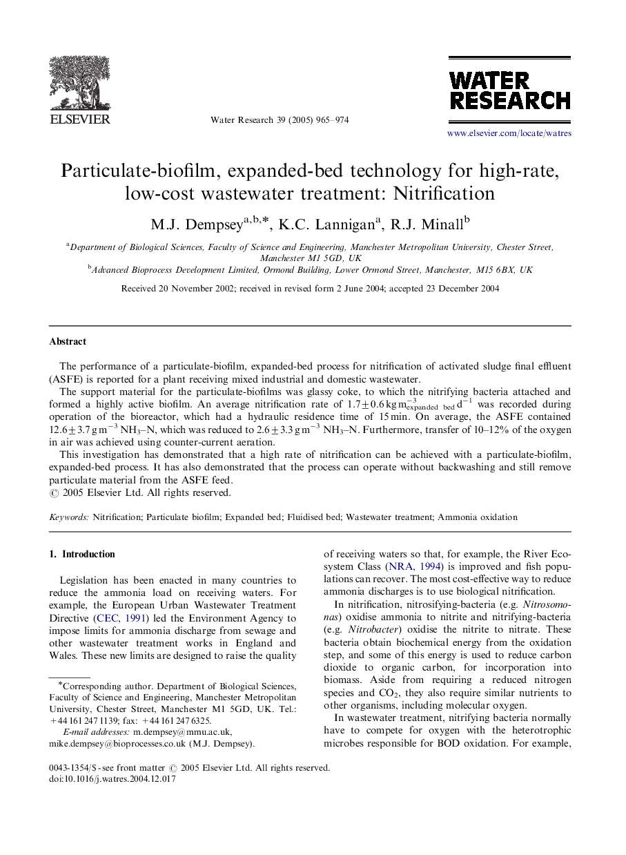 Particulate-biofilm, expanded-bed technology for high-rate, low-cost wastewater treatment: Nitrification