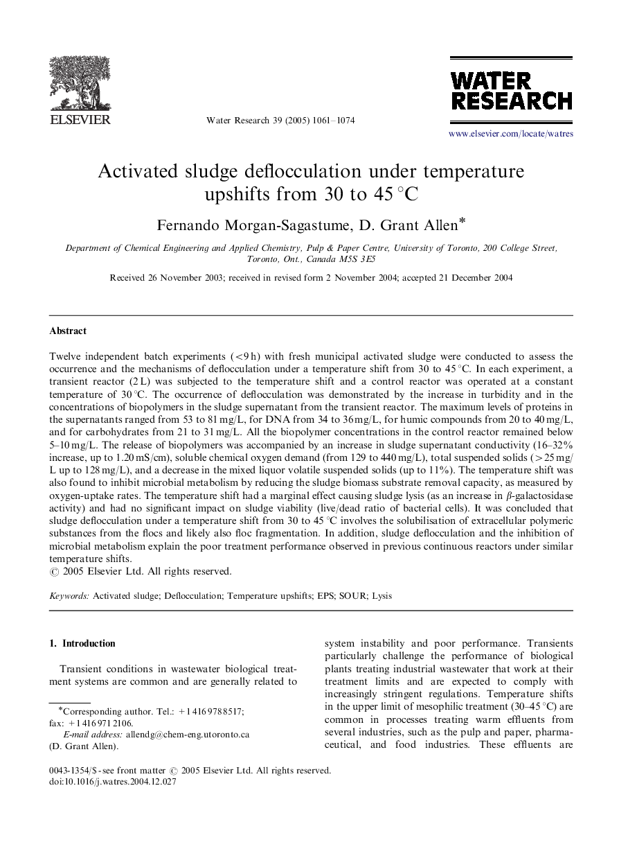 Activated sludge deflocculation under temperature upshifts from 30 to 45Â Â°C