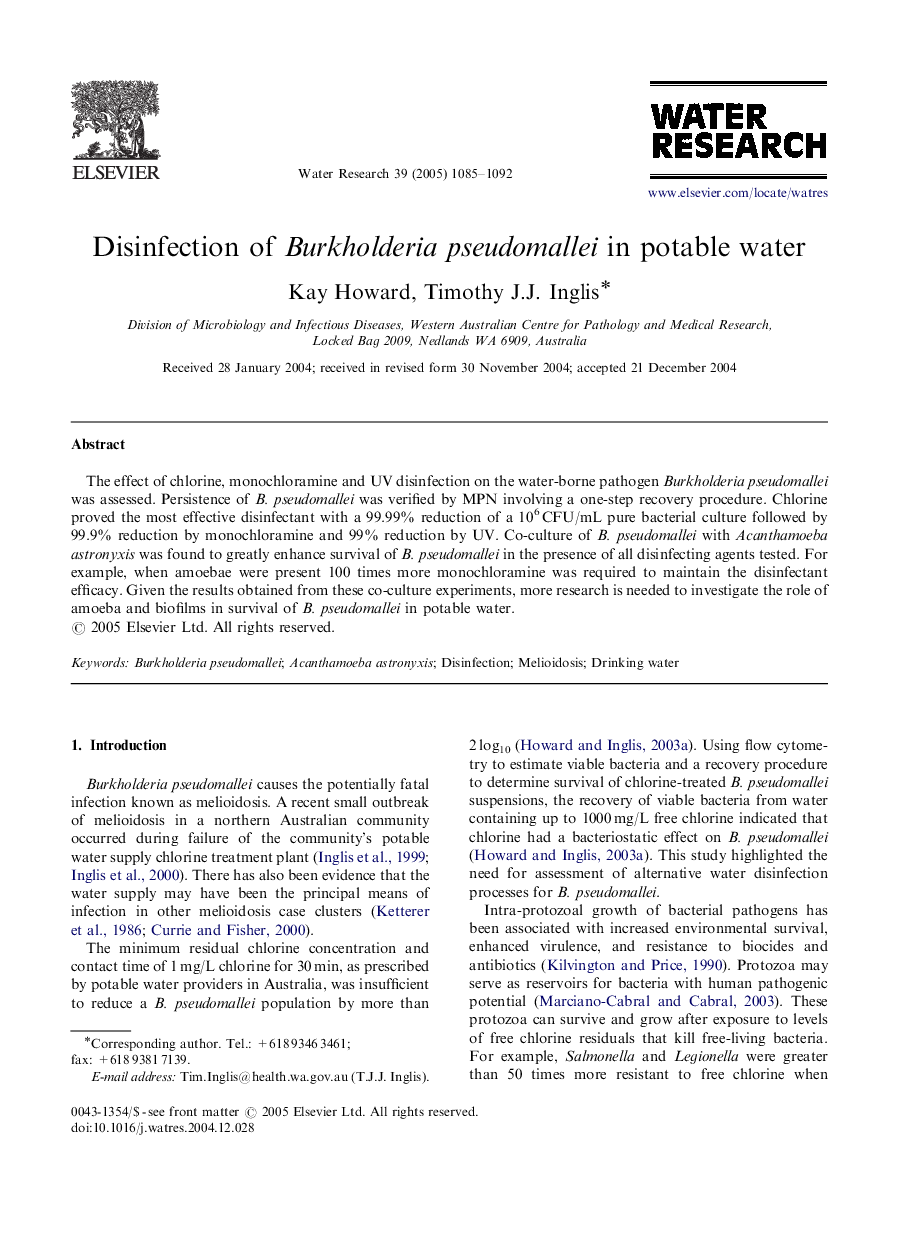 Disinfection of Burkholderia pseudomallei in potable water