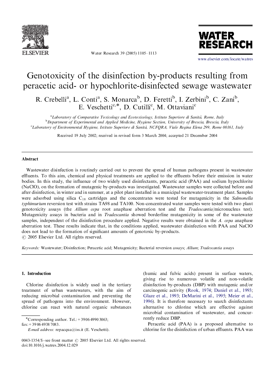 Genotoxicity of the disinfection by-products resulting from peracetic acid- or hypochlorite-disinfected sewage wastewater