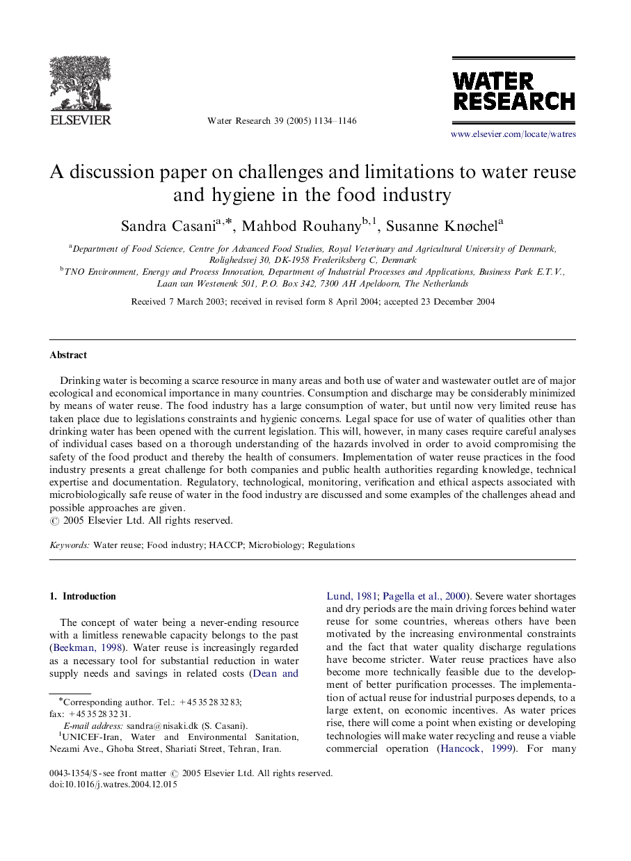 A discussion paper on challenges and limitations to water reuse and hygiene in the food industry