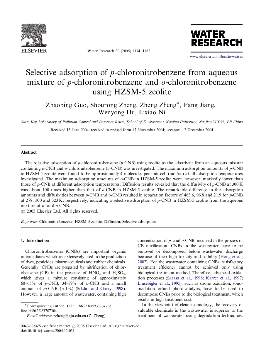 Selective adsorption of p-chloronitrobenzene from aqueous mixture of p-chloronitrobenzene and o-chloronitrobenzene using HZSM-5 zeolite