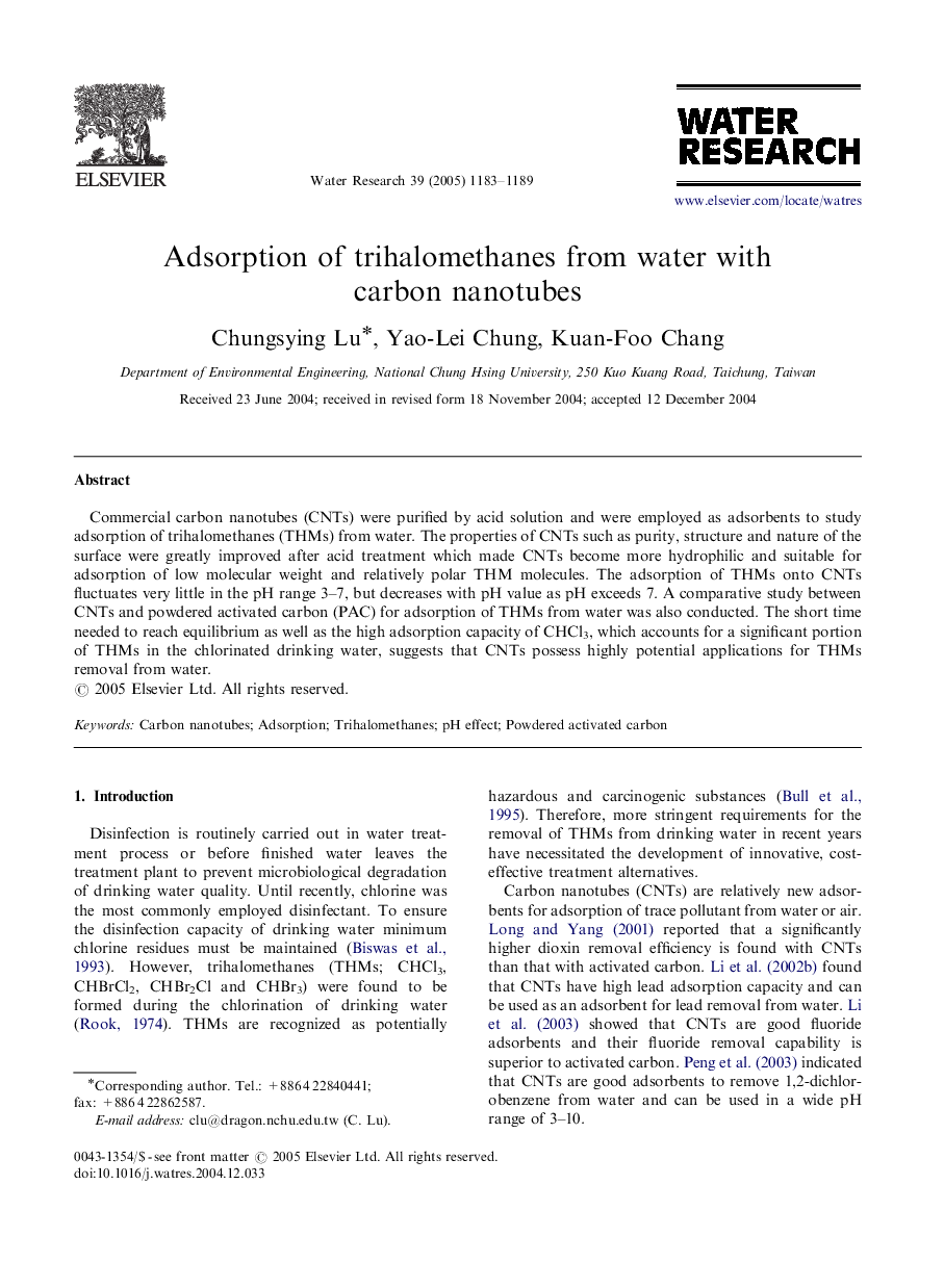 Adsorption of trihalomethanes from water with carbon nanotubes