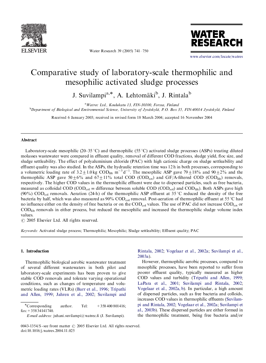 Comparative study of laboratory-scale thermophilic and mesophilic activated sludge processes