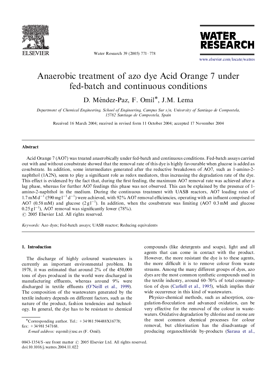 Anaerobic treatment of azo dye Acid Orange 7 under fed-batch and continuous conditions