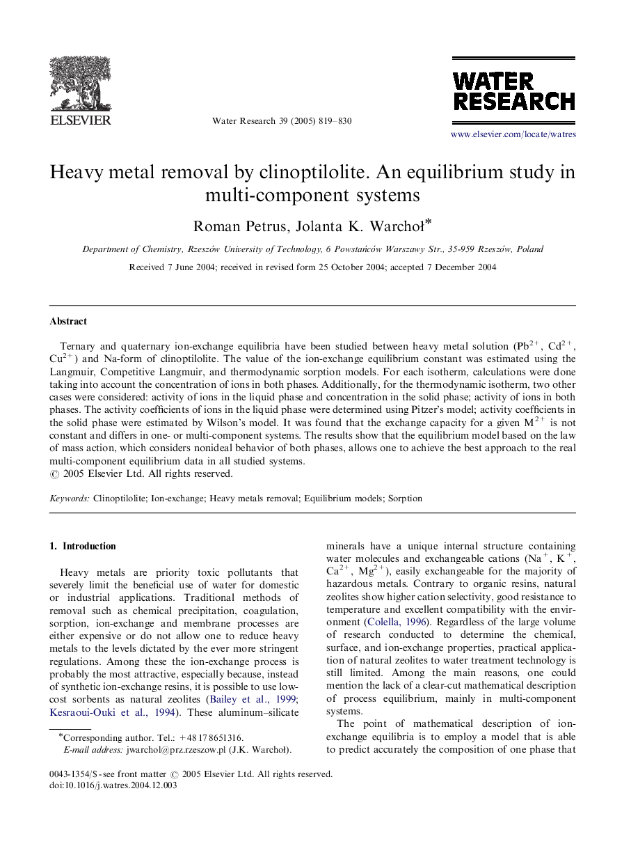 Heavy metal removal by clinoptilolite. An equilibrium study in multi-component systems