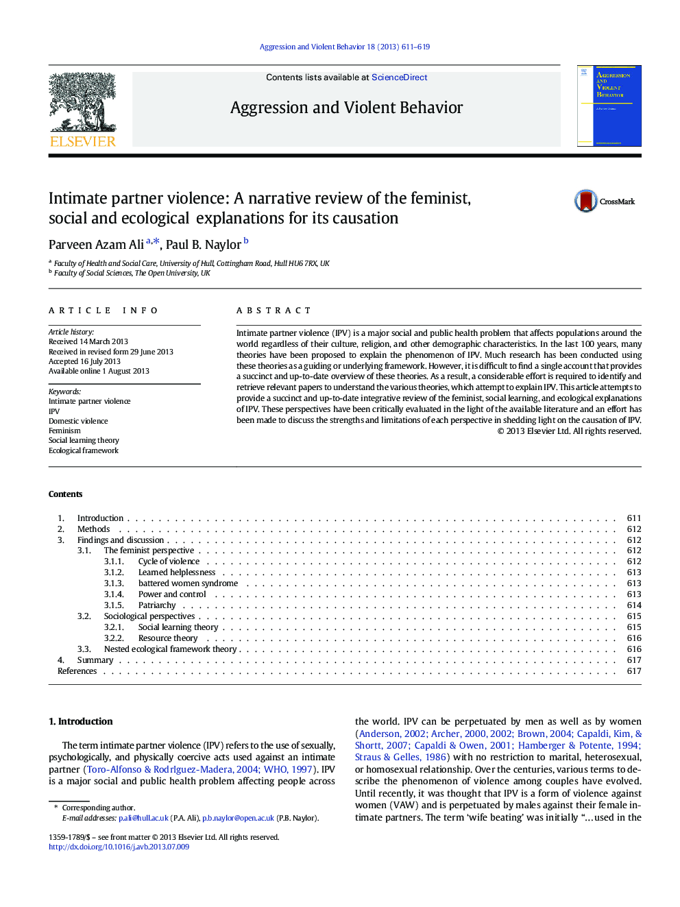 Intimate partner violence: A narrative review of the feminist, social and ecological explanations for its causation