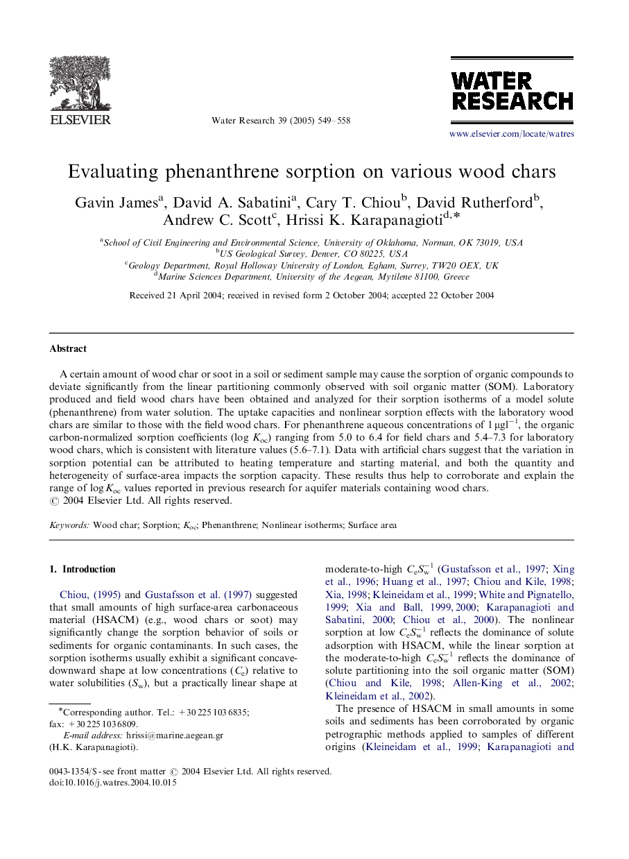 Evaluating phenanthrene sorption on various wood chars